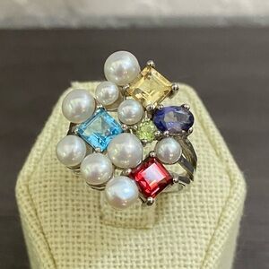 Ross Simons Sterling Cluster Pearl and Gemstone Ring